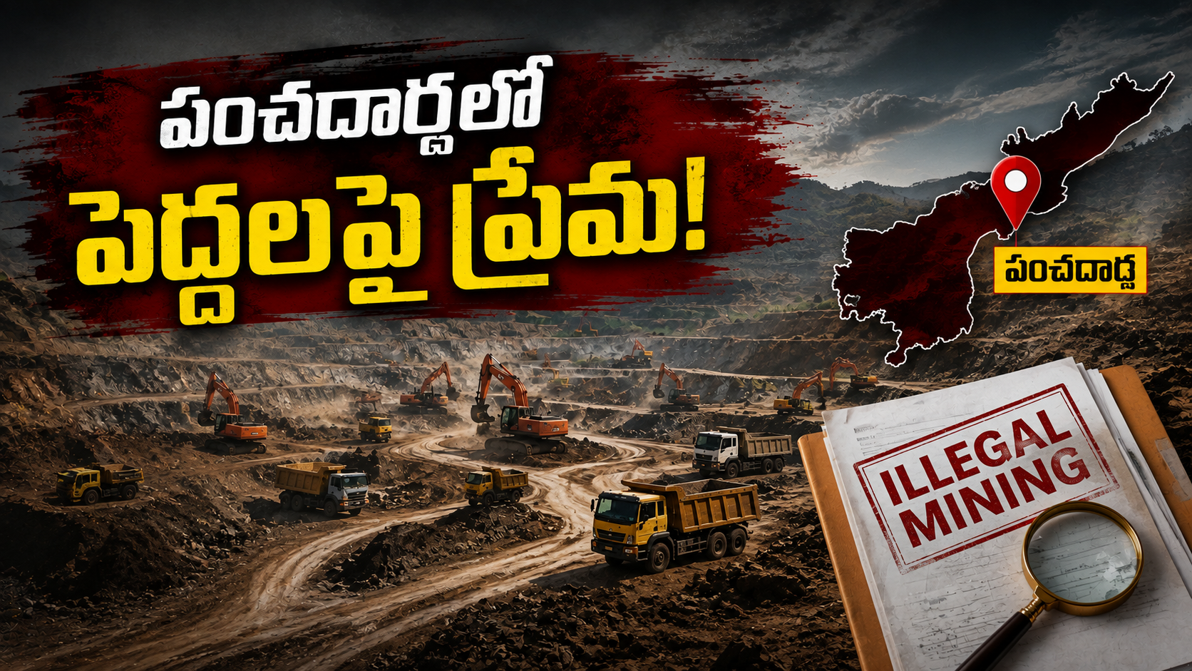 పంచదార్ల అక్రమ మైనింగ్ వ్యవహారంపై దర్యాప్తును సూచించే ఓపెన్ మైనింగ్ ప్రాంతం, ఎక్స్కవేటర్లు, డంప్ ట్రక్కులు మరియు ఇల్లీగల్ మైనింగ్ ఫైల్‌తో రూపొందించిన ఫీచర్డ్ ఇమేజ్