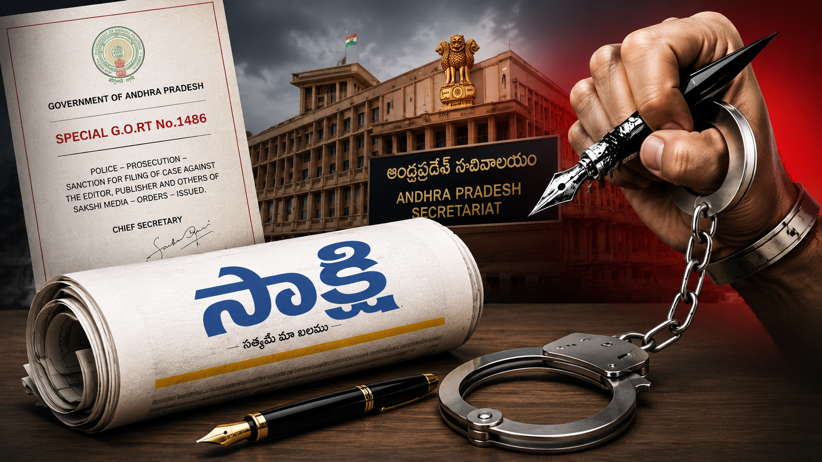 సాక్షి ఎడిటర్‌పై కేసుకు జీవో జారీ చేసిన నేపథ్యంలో ప్రభుత్వం, మీడియా స్వేచ్ఛ, ప్రత్యేక జీవో 1486ను ప్రతిబింబించే ఫీచర్డ్ ఇమేజ్