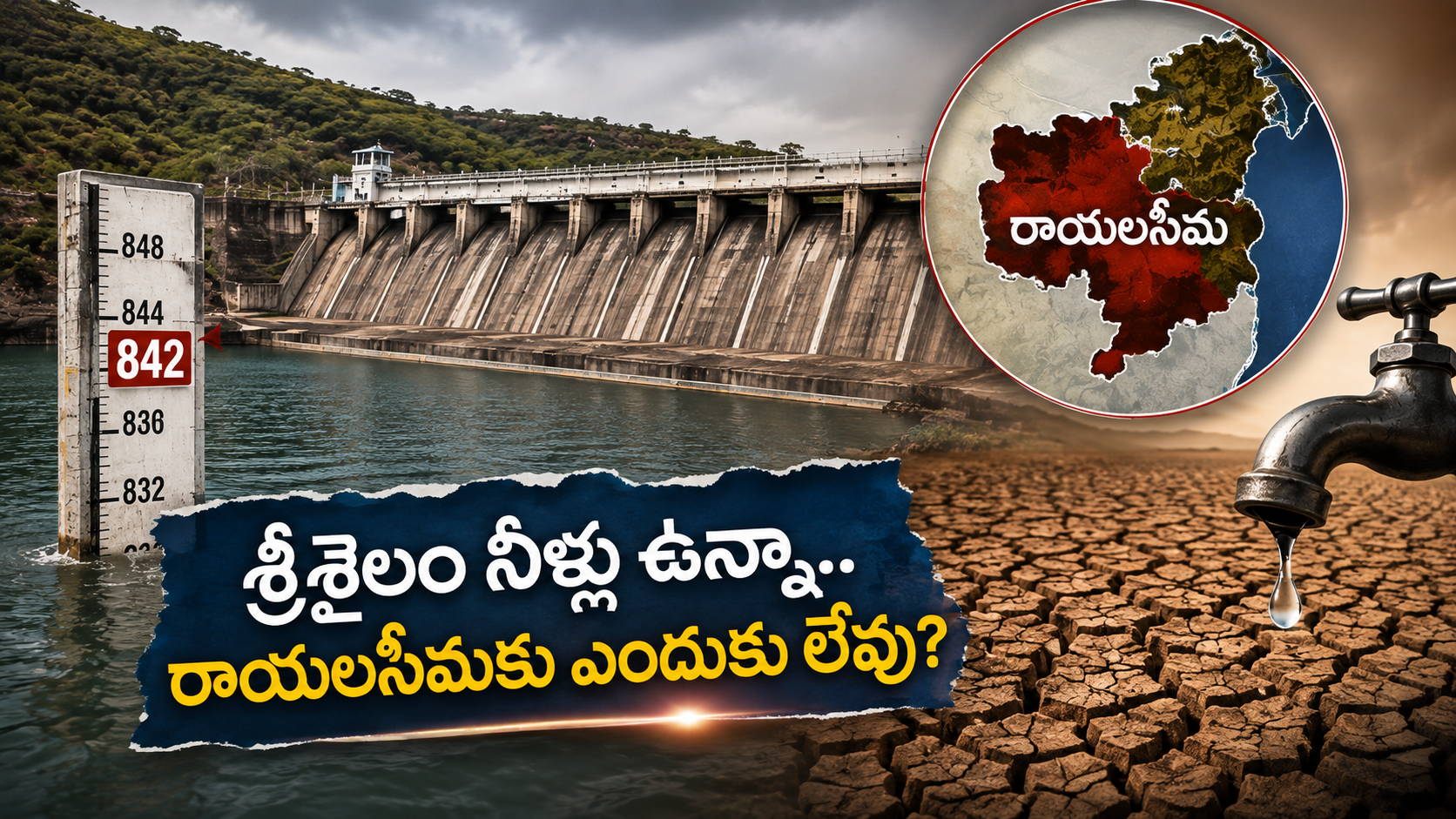 శ్రీశైలం నీటిమట్టం 842.3 అడుగులకు చేరినా హంద్రీ–నీవా ద్వారా రాయలసీమకు నీటి విడుదల జరగకపోవడంపై రూపొందించిన ఫీచర్డ్ ఇమేజ్