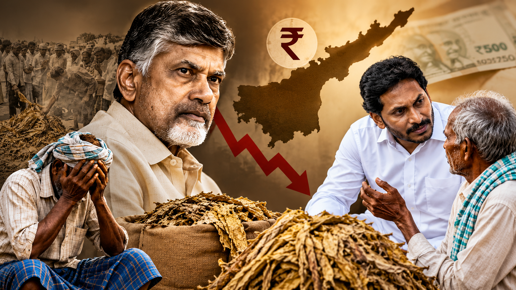 పొగాకు రైతుల ధరల సంక్షోభంపై చంద్రబాబు, వైఎస్ జగన్ చిత్రాలతో రూపొందించిన వెబ్‌సైట్ ఫీచర్డ్ ఇమేజ్. పొగాకు ధరలు పడిపోవడంతో రైతుల ఆందోళనను సూచించే విజువల్.