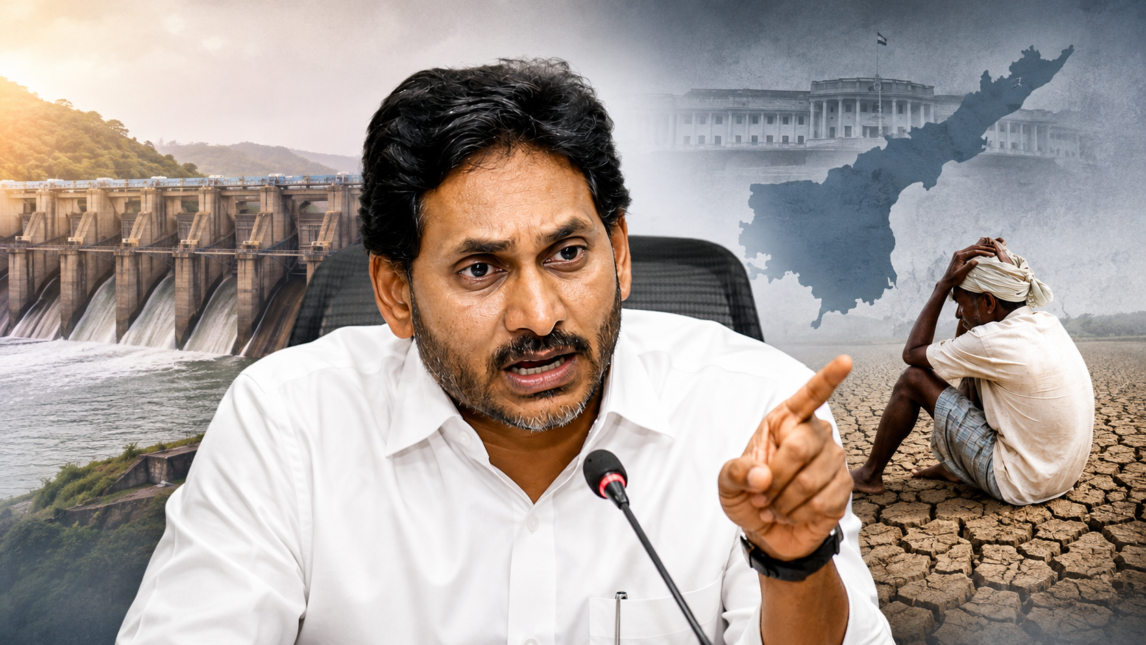వైఎస్ జగన్ చంద్రబాబుపై విమర్శలు చేస్తూ రైతులు, కరువు మరియు సాగునీటి సమస్యలను ప్రస్తావిస్తున్న చిత్రం