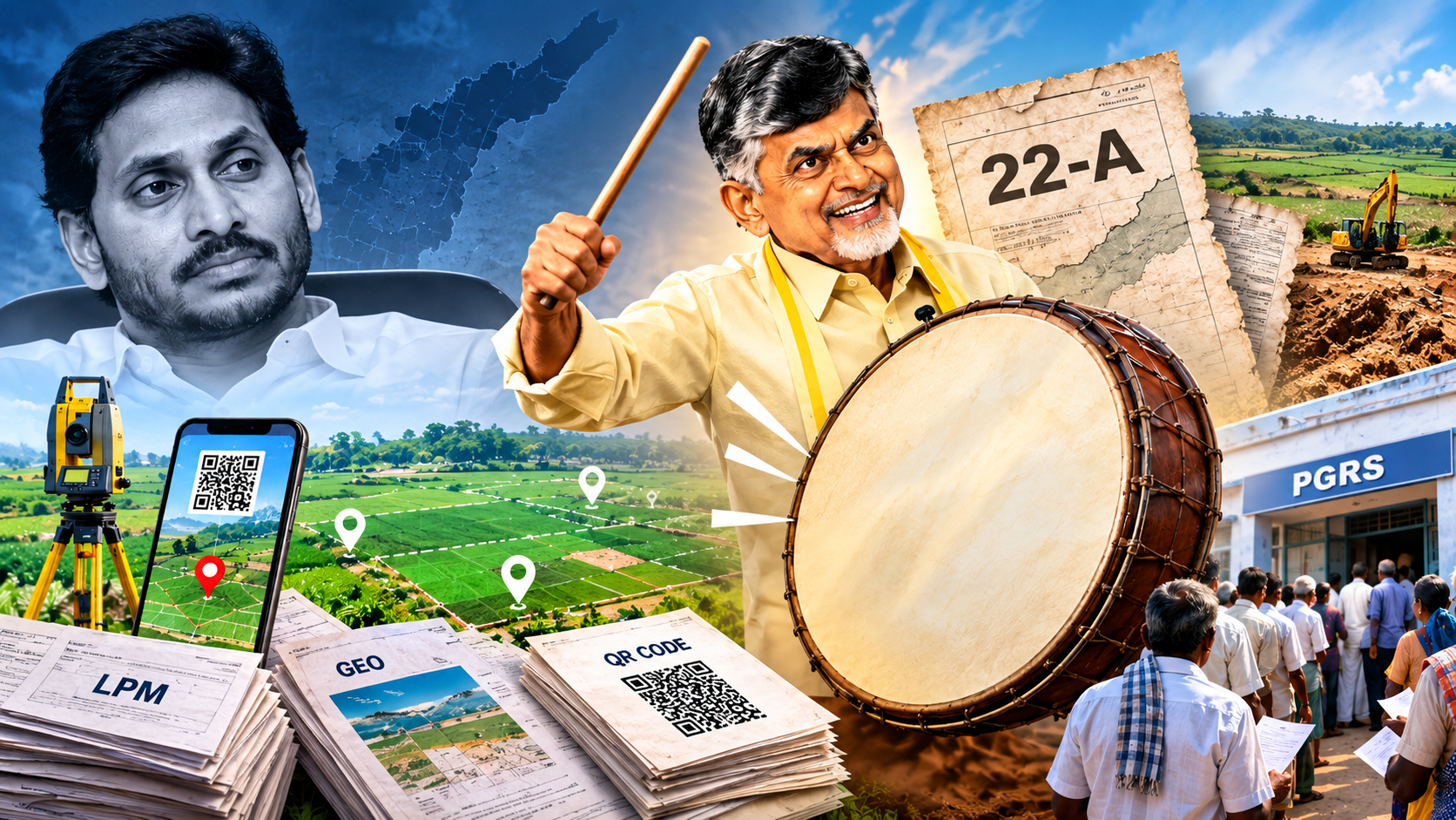 AP Land Resurveyపై చంద్రబాబు ప్రభుత్వ క్రెడిట్ రాజకీయాలు, 22-A భూములు, QR కోడ్‌లు, జియో హద్దులు, LPM నంబర్లను చూపించే ప్రతీకాత్మక చిత్రం