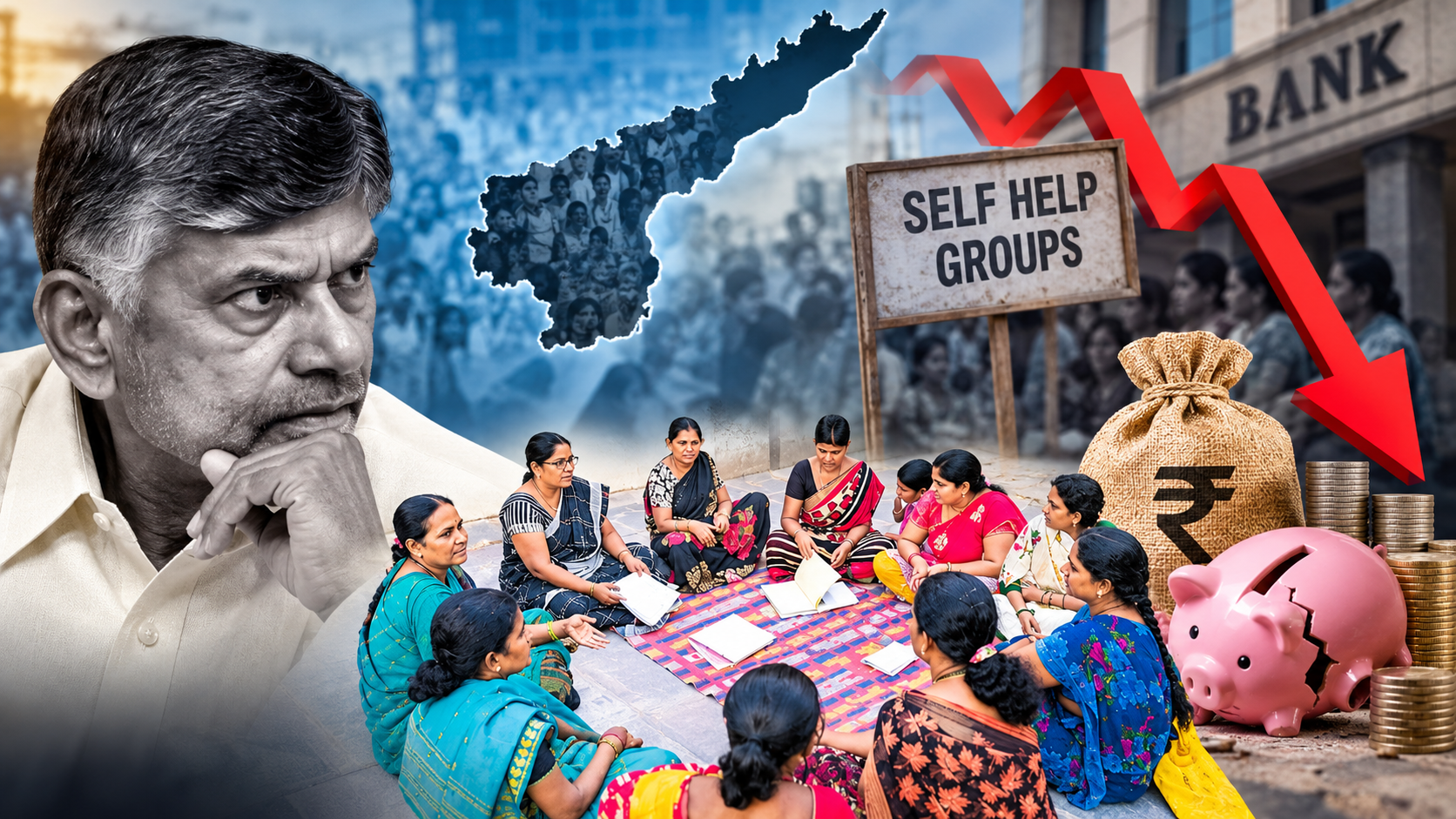 మహిళా పొదుపు సంఘాలు ఆర్థిక సంక్షోభంలో కూరుకుపోతున్న దృశ్యం
