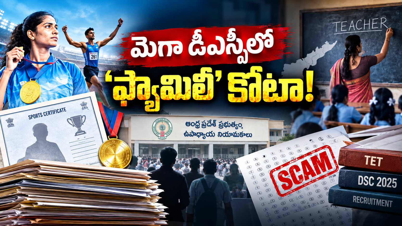 మెగా డీఎస్సీ 2025 స్పోర్ట్స్ కోటా నియామకాలపై ఫ్యామిలీ కోటా ఆరోపణలను చూపిస్తున్న చిత్రం