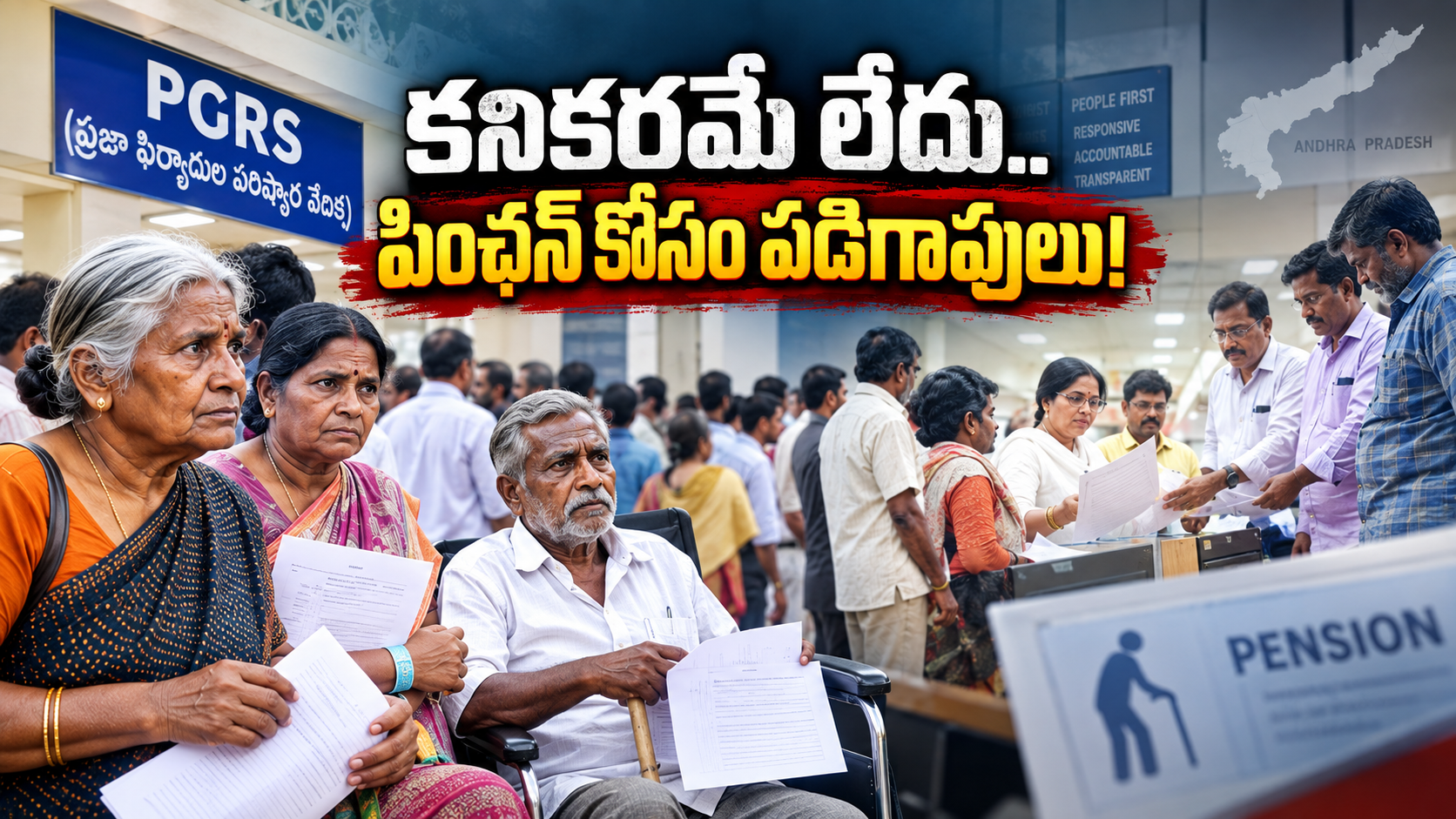 పింఛన్‌ కోసం అవస్థలు పడుతున్న వృద్ధులు, దివ్యాంగులు, వితంతువులు