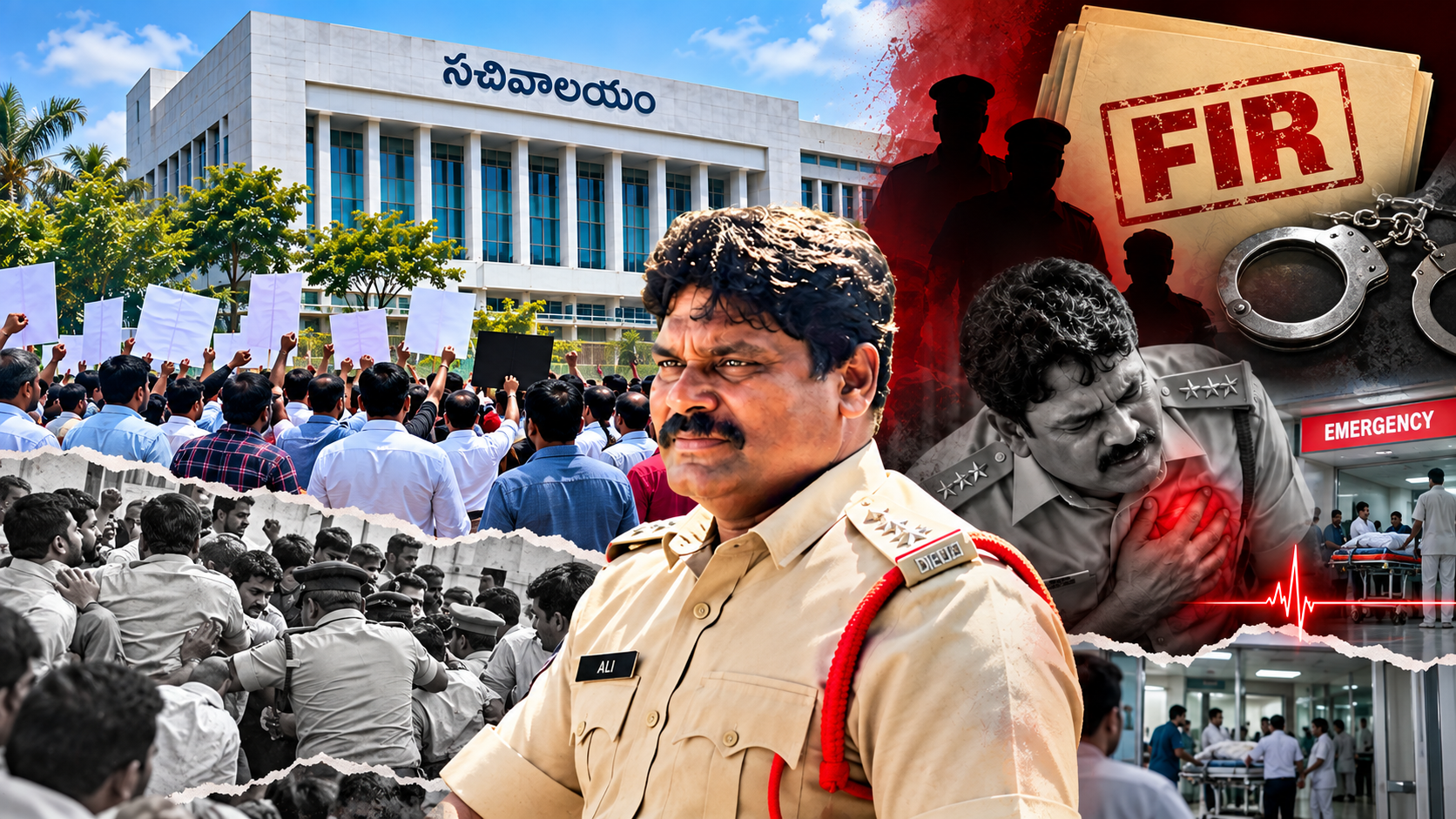 సచివాలయ ఉద్యోగులపై కక్ష సాధింపు ఆరోపణల నేపథ్యంలో సీఐ అలీ మృతి కేసు, నిరసనలు, పోలీసు దర్యాప్తు దృశ్యం
