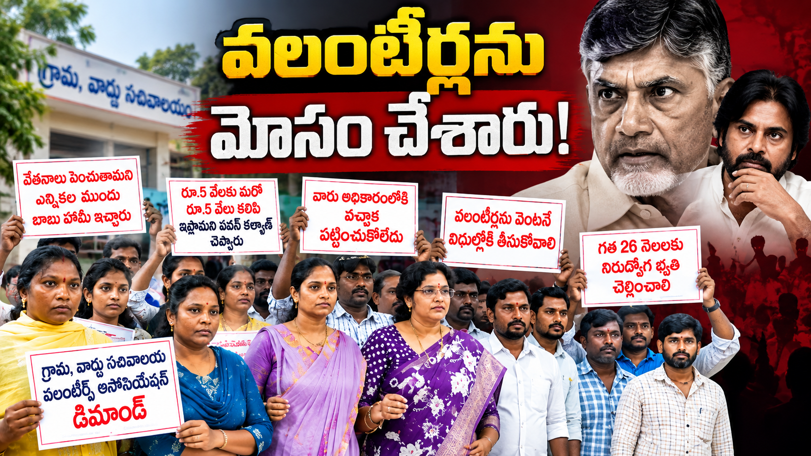 వలంటీర్ల సమస్యలు, వేతనాల పెంపు మరియు 26 నెలల నిరుద్యోగ భృతి డిమాండ్