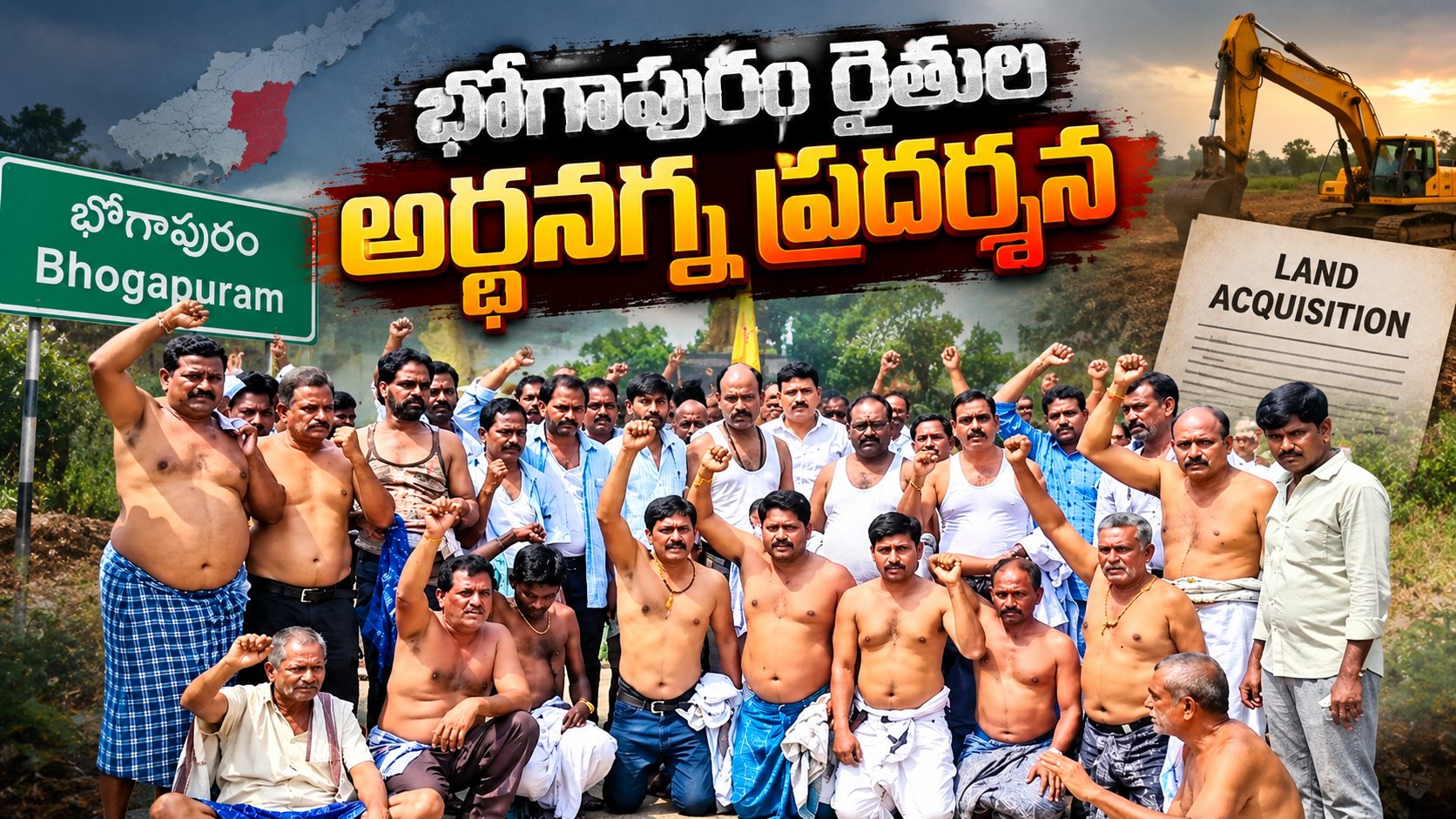 భోగాపురం రైతుల అర్ధనగ్న ప్రదర్శనతో భూసేకరణకు వ్యతిరేకంగా నిరసన