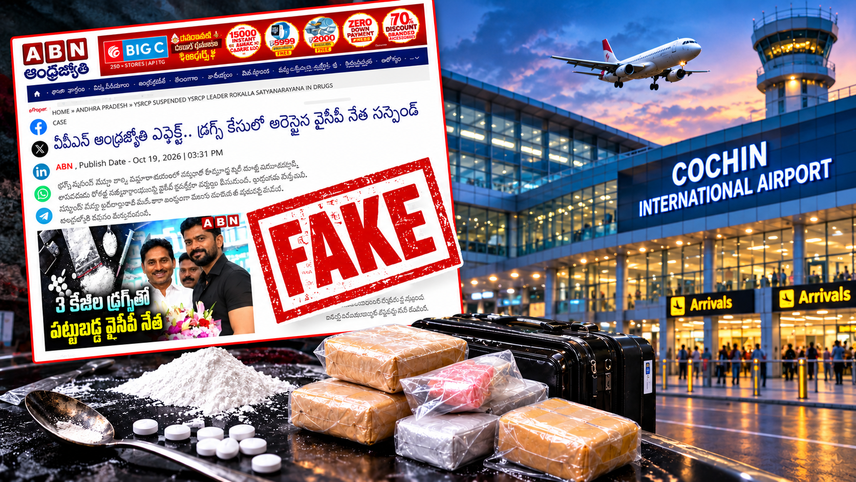 కొచ్చి డ్రగ్స్‌ కేసు – ABN వార్తా క్లిప్పింగ్‌పై FAKE స్టాంప్‌తో ఫ్యాక్ట్‌ చెక్‌ చిత్రం