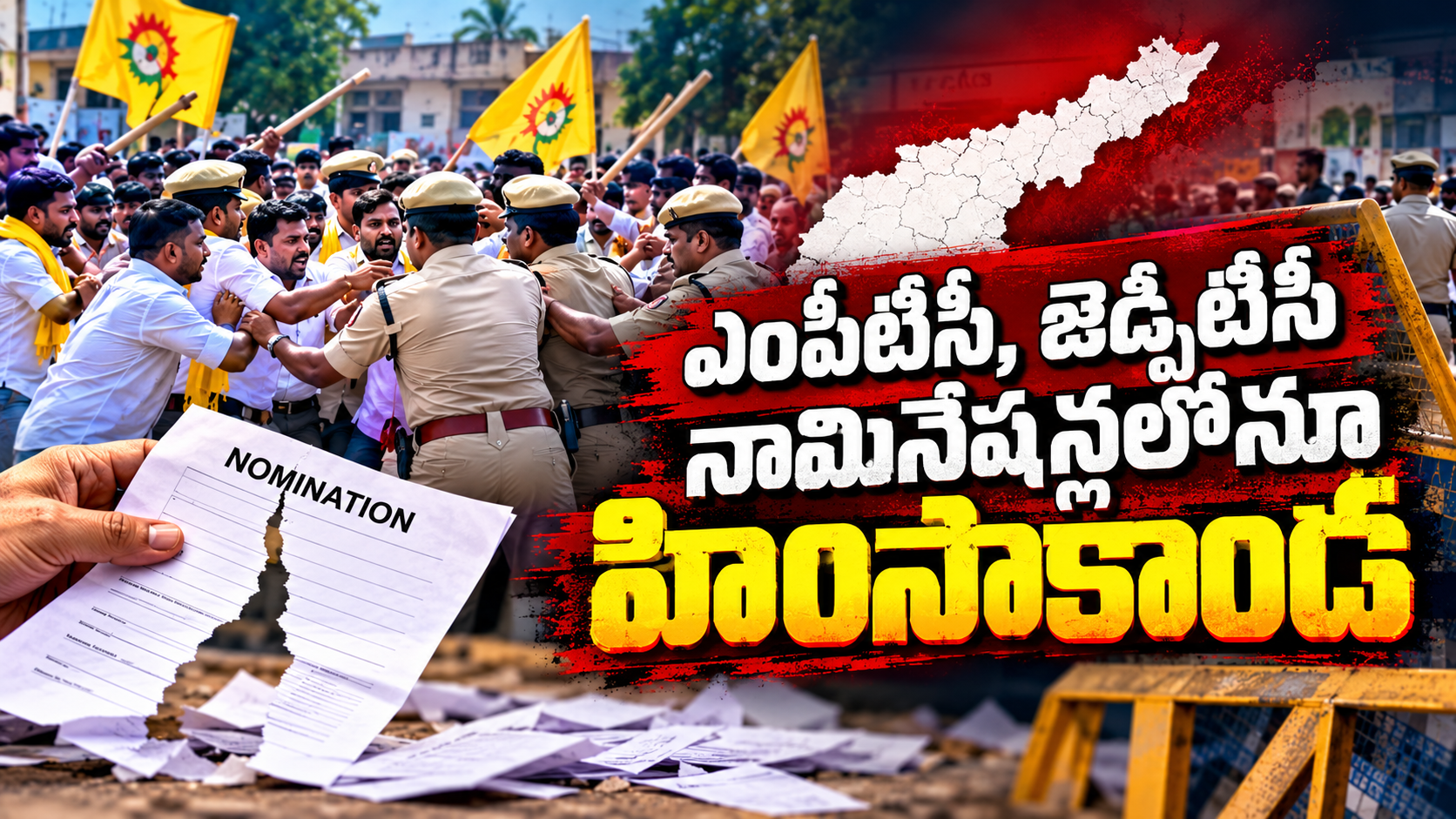 ఎంపీటీసీ జెడ్పీటీసీ నామినేషన్లు సందర్భంగా ఆంధ్రప్రదేశ్‌లో ఉద్రిక్తతలు, పోలీసుల అడ్డగింతలు, నామినేషన్ పత్రాల దృశ్యాలతో వార్తా చిత్రం.