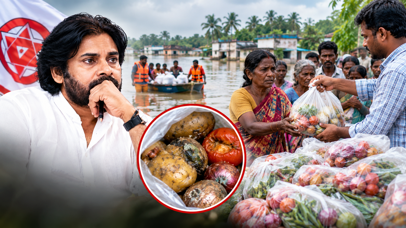 పిఠాపురం ముంపు బాధితులకు కుళ్లిన కూరగాయలు పంపిణీ చేసినట్లు వచ్చిన వార్తలపై దృశ్యం