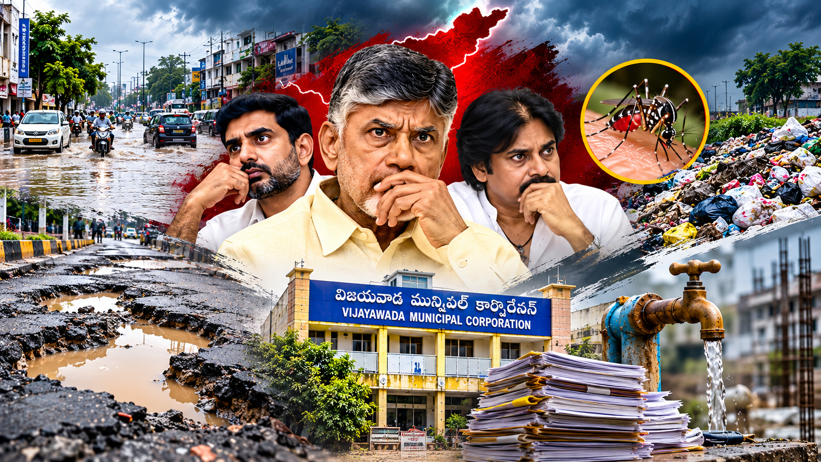 టీడీపీ పట్టణ పాలనపై విమర్శలు – విజయవాడలో రోడ్లు, డ్రైనేజీ, చెత్త, తాగునీటి సమస్యలు