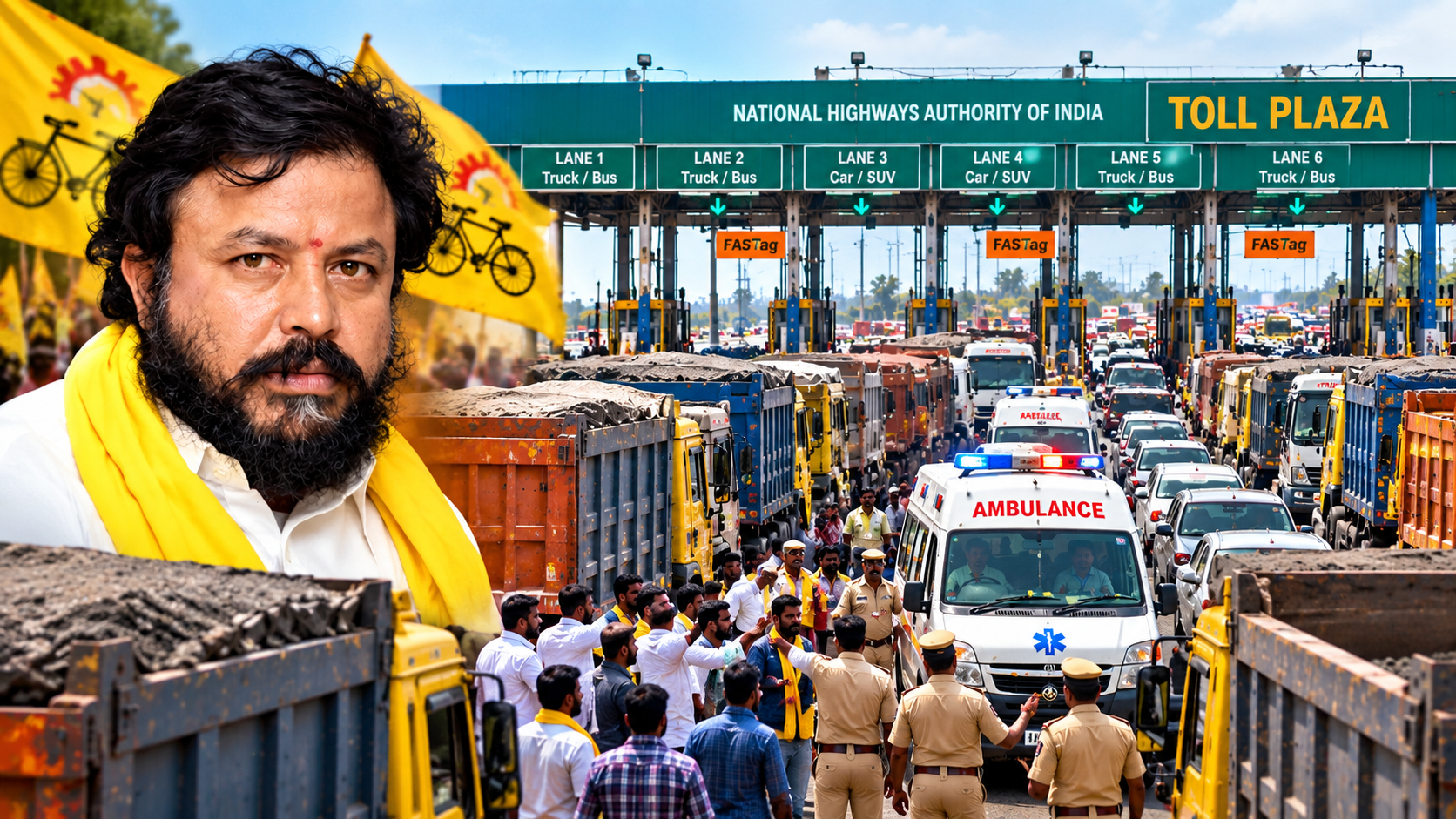 టోల్ ప్లాజా వద్ద టీడీపీ డ్రైవర్ల హంగామా