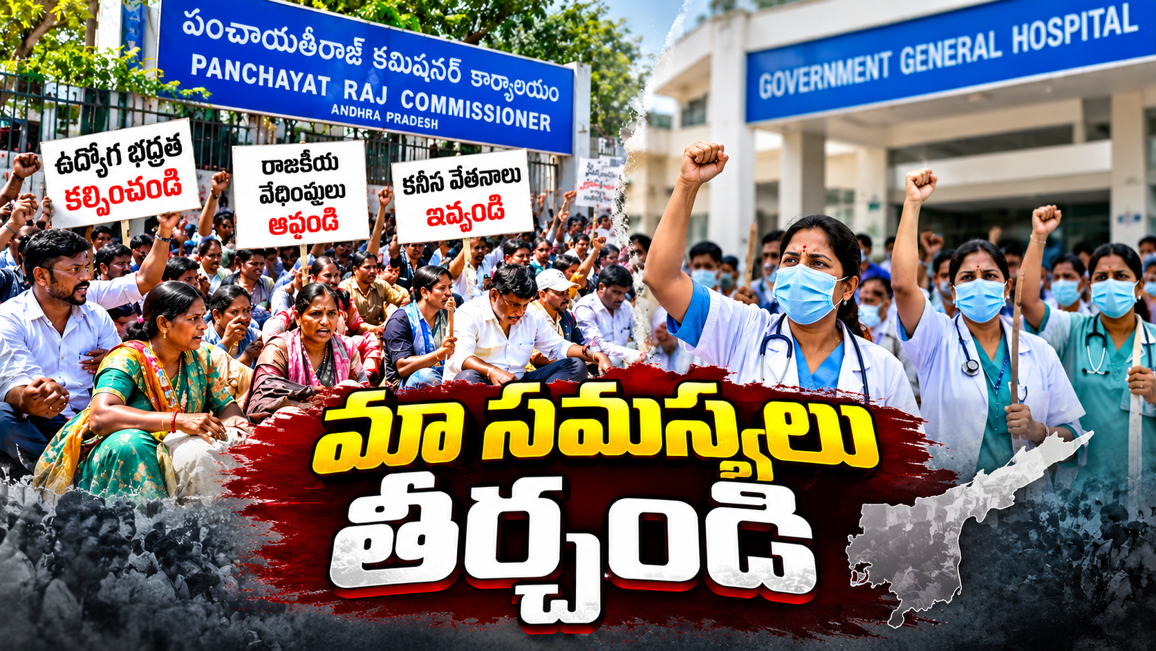 ఉద్యోగుల ఆందోళనలో ఉపాధి ఫీల్డ్ అసిస్టెంట్లు, వైద్యశాఖ కాంట్రాక్ట్ ఉద్యోగులు