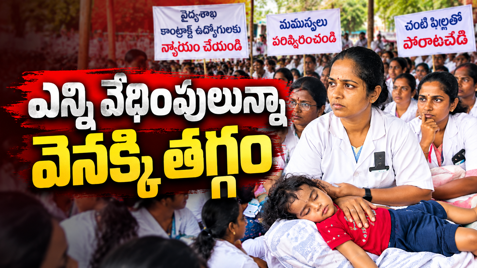వైద్యశాఖ కాంట్రాక్ట్ ఉద్యోగుల నిరసనలో చంటి బిడ్డతో పాల్గొన్న మహిళ